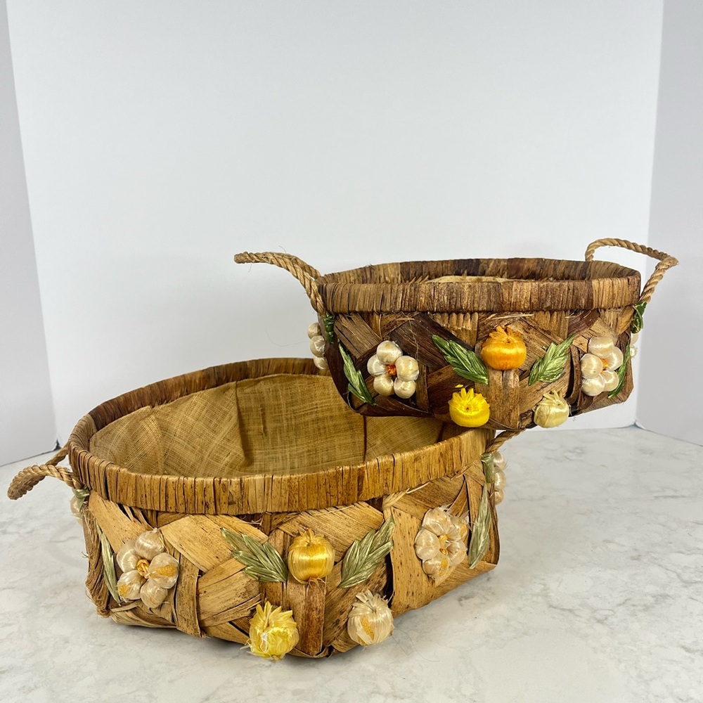 Vintage Handwoven Floral Accent Storage Baskets - Brown with Yellow Flowers
